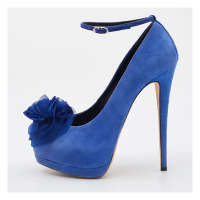 Giuseppe Zanotti Blue Suede Flower Applique Peep Toe Platform Ankle Strap Pumps Size