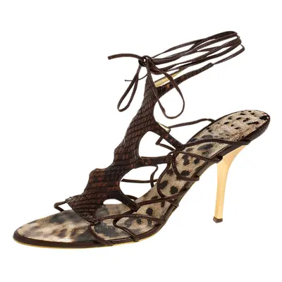 Roberto Cavalli Brown Python Lace Up Ankle Tie Sandals Size