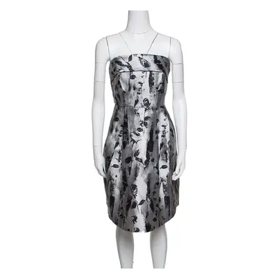 CH Carolina Herrera Silver and Black Floral Jacquard Strapless Dress