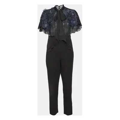 Self-Portrait Black/Blue Cady & Lace Ruffled Tie-Neck Jumpsuit