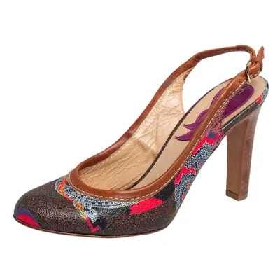 Etro Brown Paisley Print Coated Canvas and Leather Trim Slingback Pumps Size