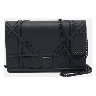 Dior Matte Black Leather Studded Diorama Wallet on Chain