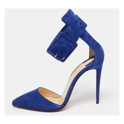 Christian Louboutin Blue Suede Harler Ankle Strap Pumps Size 37.5