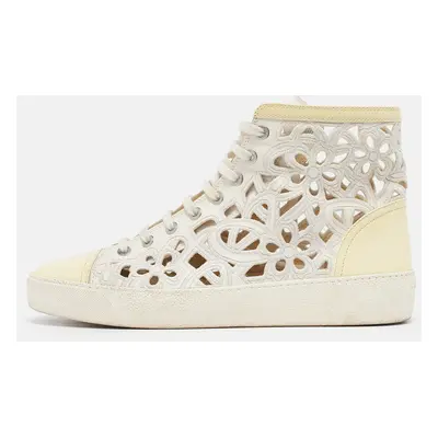 Chanel White/Cream Floral Laser Cut Leather and Patent CC High Top Sneakers Size