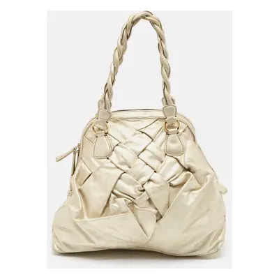 Valentino Light Gold Leather Braided Satchel