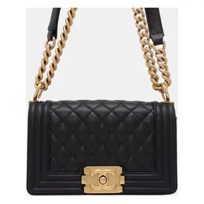 Chanel Black Caviar Leather Boy Chanel Chain Shoulder Bag Size Small