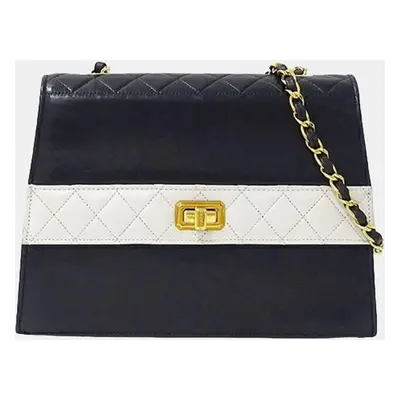 Chanel Navy Blue/White Leather Trapezoid Shoulder Bag