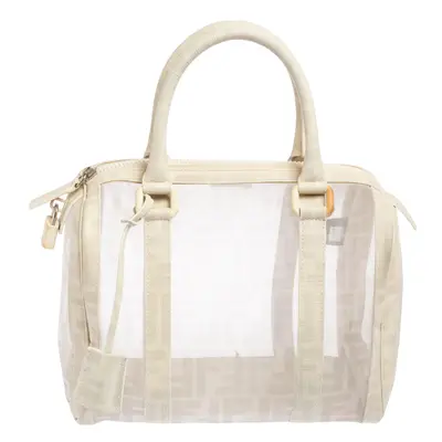 Fendi White Zucca Mesh and Coated Canvas Bauletto Boston Bag