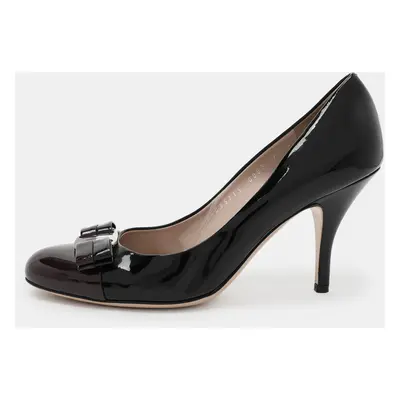 Salvatore Ferragamo Black/Burgundy Patent Leather Bow Pumps Size