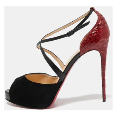 Christian Louboutin Black/Dark Red Leather, Suede and Python Cross Me Sandals Size 40.5