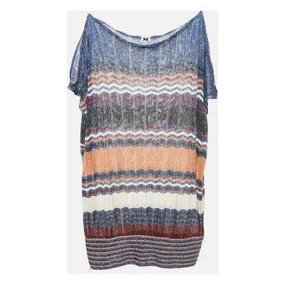 M Missoni Blue Chevron Lurex Knit Cut-Out Sleeve Sheer Tunic Top