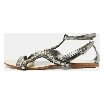 Miu Miu Metallic Leather and Glitter Ankle Strap Flat Sandals Size