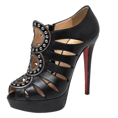 Christian Louboutin Black Leather Maralla Studded Cutout Booties Size 38.5