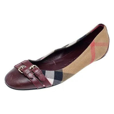 Burberry Beige/Burgundy Nova Check Canvas And Leather Ballet Flats Size