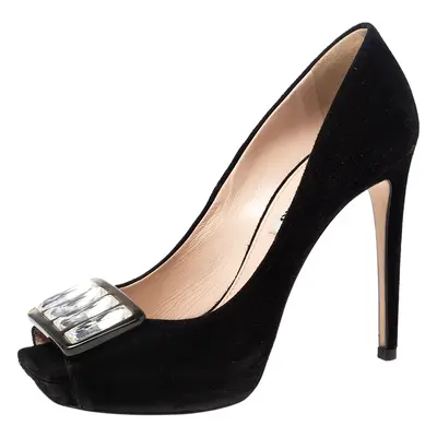 Miu Miu Black Suede Crystal Embellished Peep Toe Platform Pumps Size