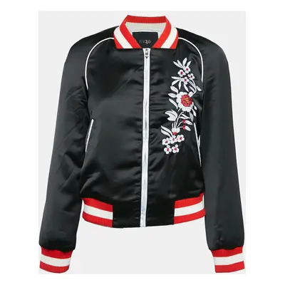 Maje Black Embroidered Satin Bomber Jacket