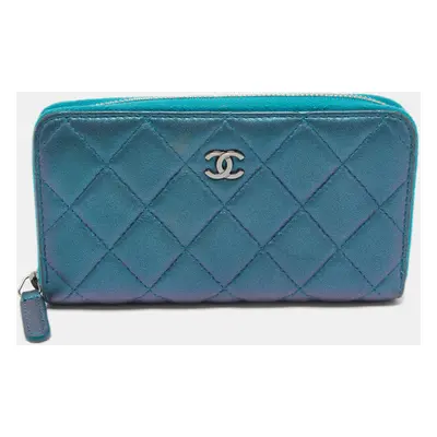 Chanel Metallic Blue Quilted Leather Classic Zip Wallet