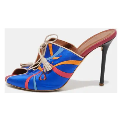 Malone Souliers Blue Embroidered Satin Peep Toe Lace Up Mules Size