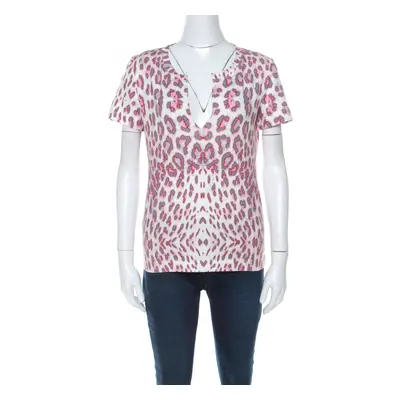 Just Cavalli Multicolor Leopard Print Slit Neck T-Shirt