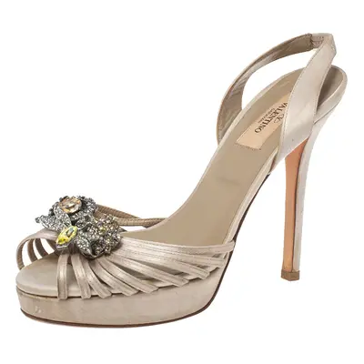 Valentino Beige Satin Crystal Embellished Peep Toe Slingback Sandals Size