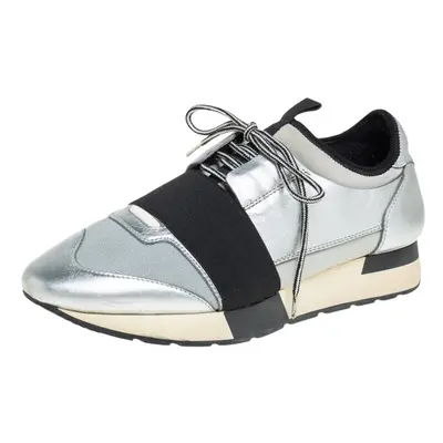 Balenciaga Silver Leather And Knit Fabric Race Runner Low Top Sneakers Size