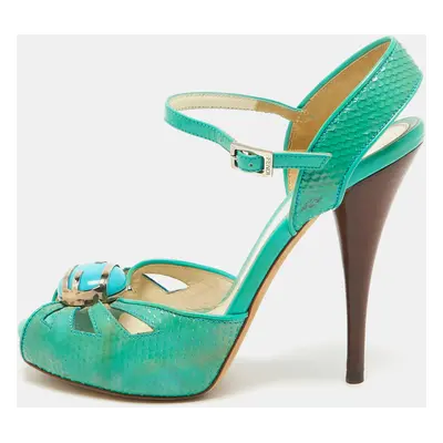 Fendi Turquoise Snake Embossed Slingback Platform Sandals Size