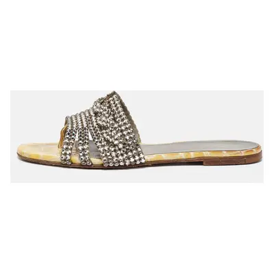 Gina Yellow/Grey Croc Embossed Crystal Embellished Leather Flat Slides Size