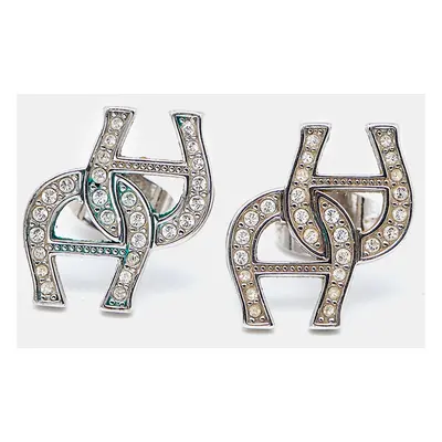 Aigner Logo Crystal Embellished Silver Tone Earrings