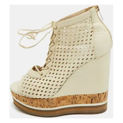 Jimmy Choo Off White Perforated Leather Lace Up Cork Wedge Booties Size