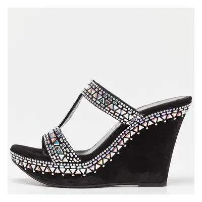 Le Silla Black Suede Embellished Wedge Sandals Size