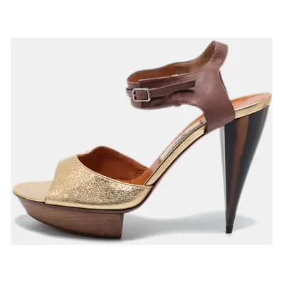 Lanvin Gold/Brown Leather Ankle Strap Sandals Size