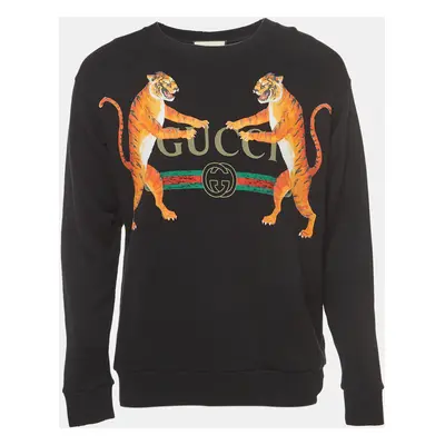 Gucci Black Logo Tiger Printed Cotton Knit Sweatshirt