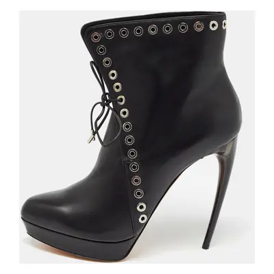 Alexander McQueen Black Leather Eyelet Detail Curve Heel Platform Ankle Boots Size 40.5