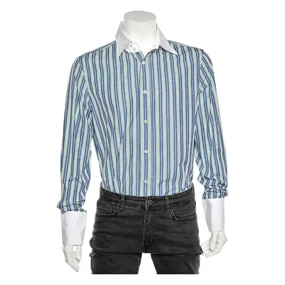 Dsquared2 Blue Striped Cotton Contrast Collar Button Front Shirt