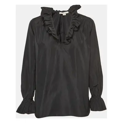 Stella McCartney Black Silk Blend Crepe Ruffled V Neck Top