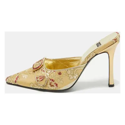 Casadei Gold Floral Embroidered Fabric Mules Size 36.5