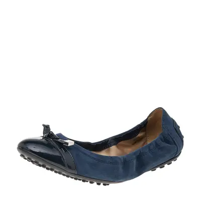 Tod's Navy Blue Suede And Patent Leather Trim Toe Cap Scrunch Ballet Flats Size 36.5