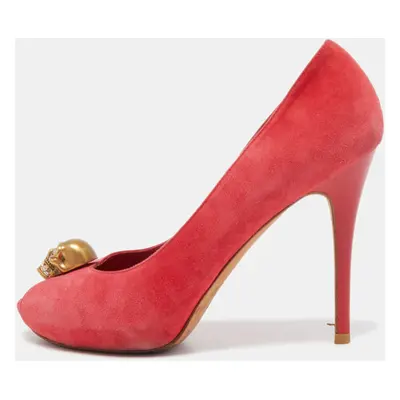 Alexander McQueen Red Suede Skull Peep Toe Pumps Size