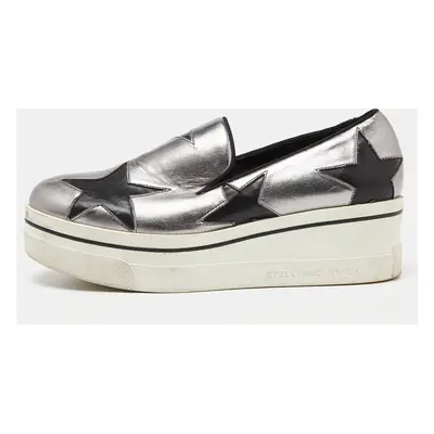 Stella McCartney Silver/Black Faux Leather Binx Star Slip On Sneakers Size