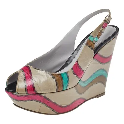 Sergio Rossi Multicolor Stitch Leather Platform Slingback Wedge Sandals Size