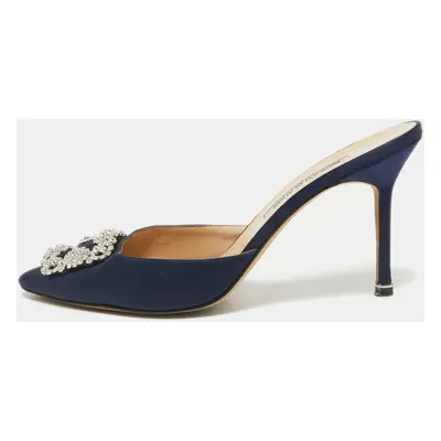 Manolo Blahnik Navy Blue Satin Hangisi Mules Size