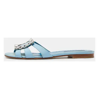 Manolo Blahnik Blue Fabric Crystal Embellished Flat Slides Size