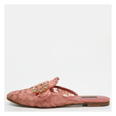 Dolce & Gabbana Pink Lace Crystal Embellished Flat Mules Size