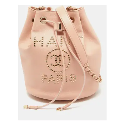 Chanel Peach Leather Logo Studs Deauville Drawstring Bucket Bag