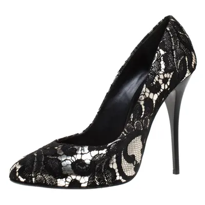 Giuseppe Zanotti Silver Metallic Leather and Black Lace Pumps Size