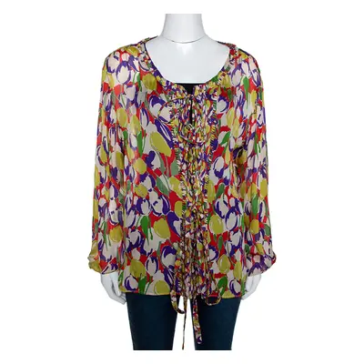 Roberto Cavalli Multicolor Tulip Print Silk Sheer Blouse