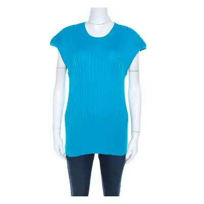 Escada Blue Cotton Ribbed Knit Crew Neck Top