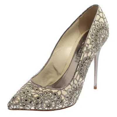 Alexander McQueen Silver/Off White Lace And Leather Crystal Embellish Pointed Toe Pumps Size 39.