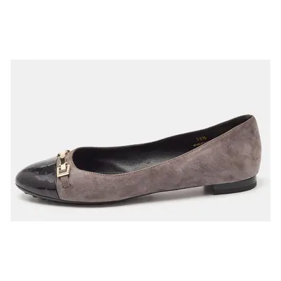 Tod's Grey/Black Suede and Patent Leather Cap Toe Ballet Flats Size