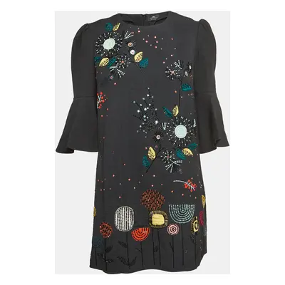 Elisabetta Franchi Black Sequin and Beads Embellished Crepe Bell Sleeve Mini Dress